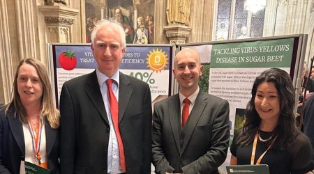 Agri-Science week in Parliament - left to right: Dr Penny Hundleby, Research Partnerships and HP3 Hub Lead at the John Innes Centre, Daniel Zeichner MP and Minister of State (Department for Environment, Food and Rural Affairs), Ben Goldsborough MP, and Dr Mimi Tanimoto, Policy and Public Affairs Manager at the John Innes Centre.